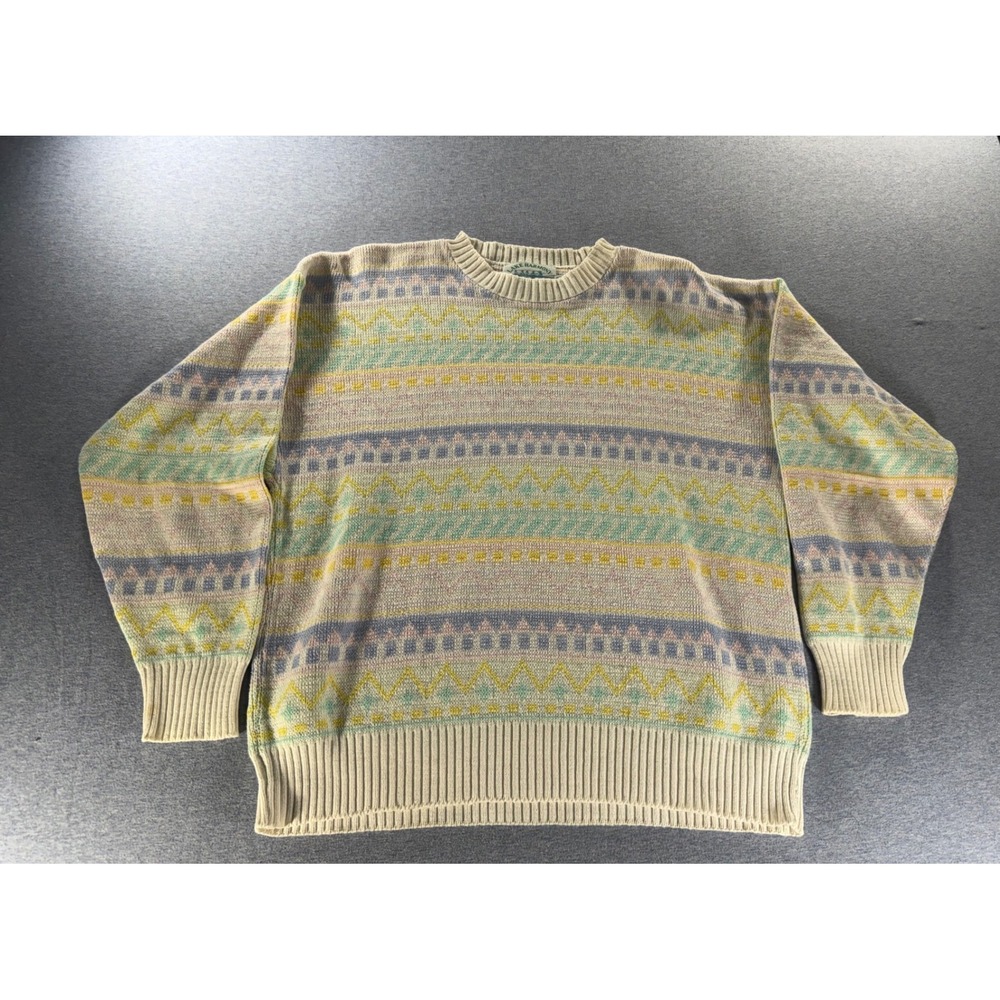 Vintage Lake Harmony Rowing Club Sweater Pastel Geometric Knit Cotton USA Large